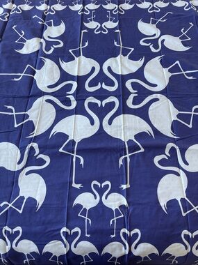 Beach Road beach sheet, “Flamingo Cafe”, white/periwinkle, cotton, 6’x6’